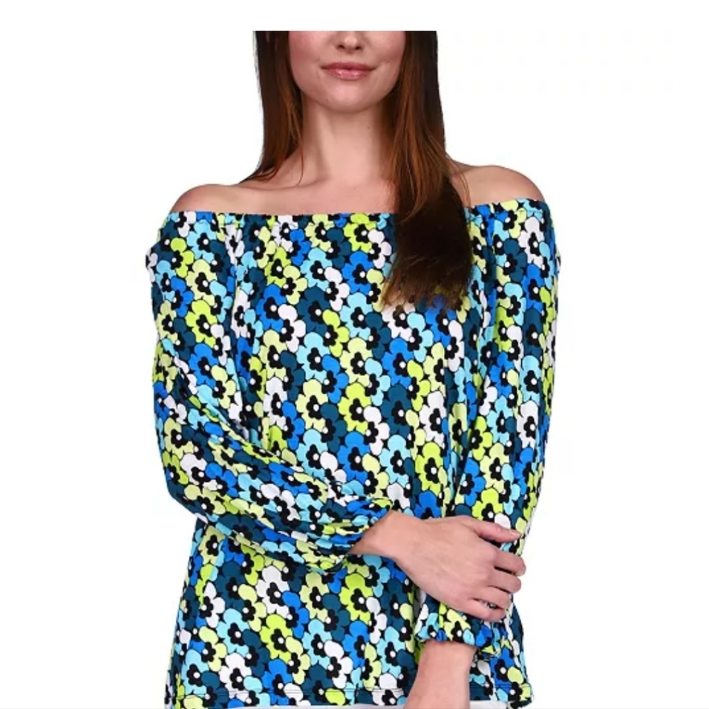 MICHAEL MICHAEL KORS Off The Shoulder Floral Print Blue Yellow Top Size Large
